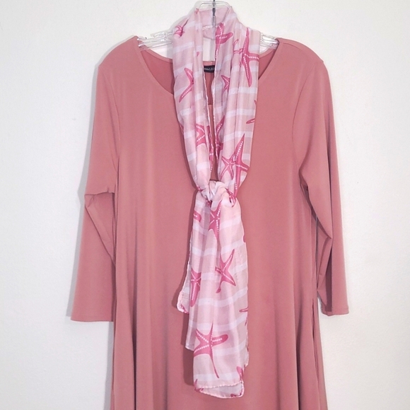 Dress Pink Stetchy Sheath Solid Hidden Pockets Crew Neck 3/4 Sleeve & Scarf - Picture 11 of 11